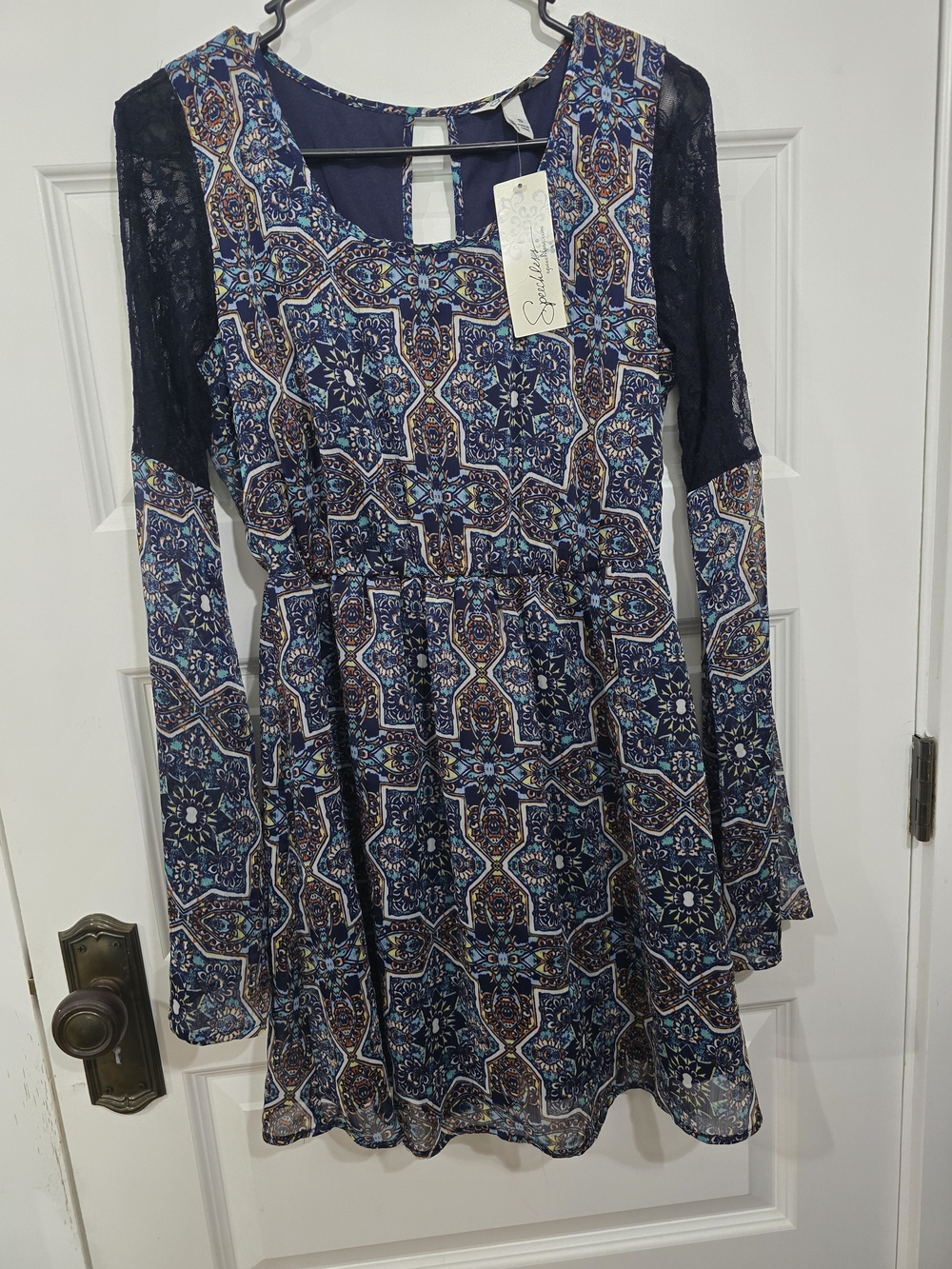 Speechless Navy and Teal Mosaic Printed Dress Size S